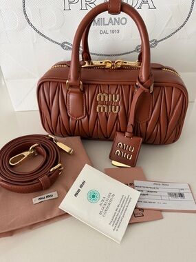 Miu Miu Cognac Matelassé Leather Satchel with Gold Hardware
